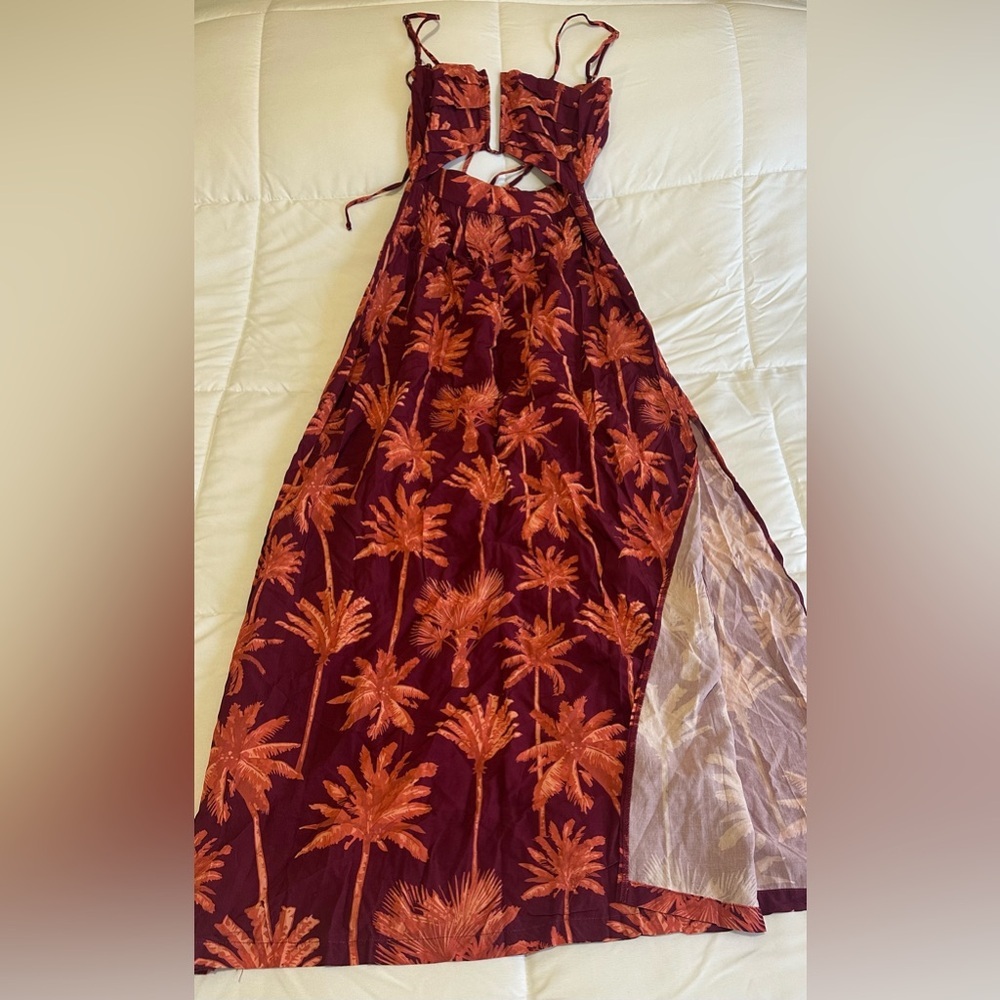 Women's Maroon Palm-Print Cutout Maxi Dress